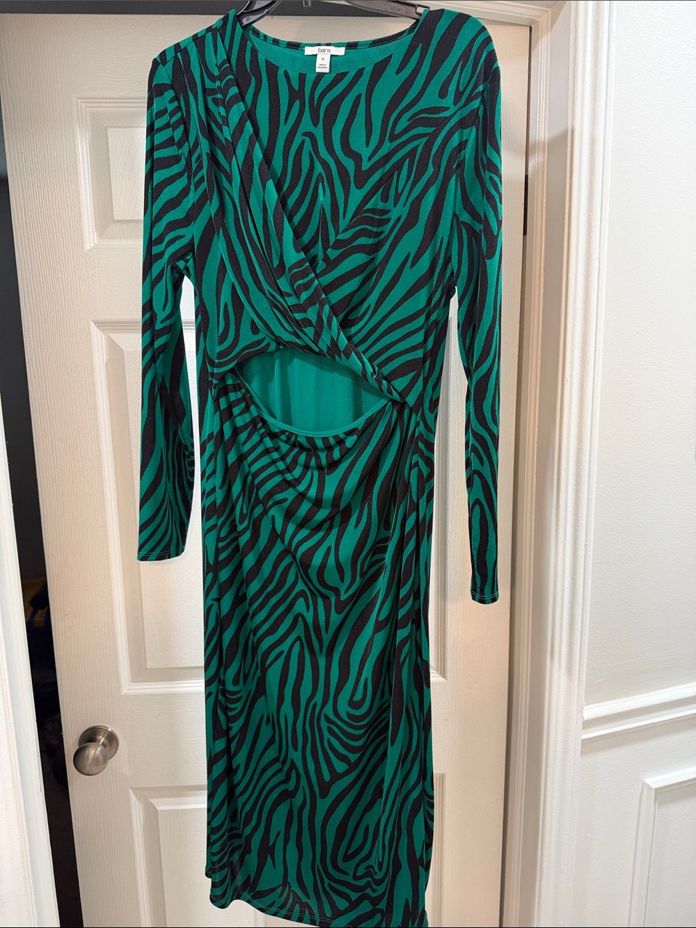 Bar III Green and Black Zebra-Print Long Sleeve Cutout Dress